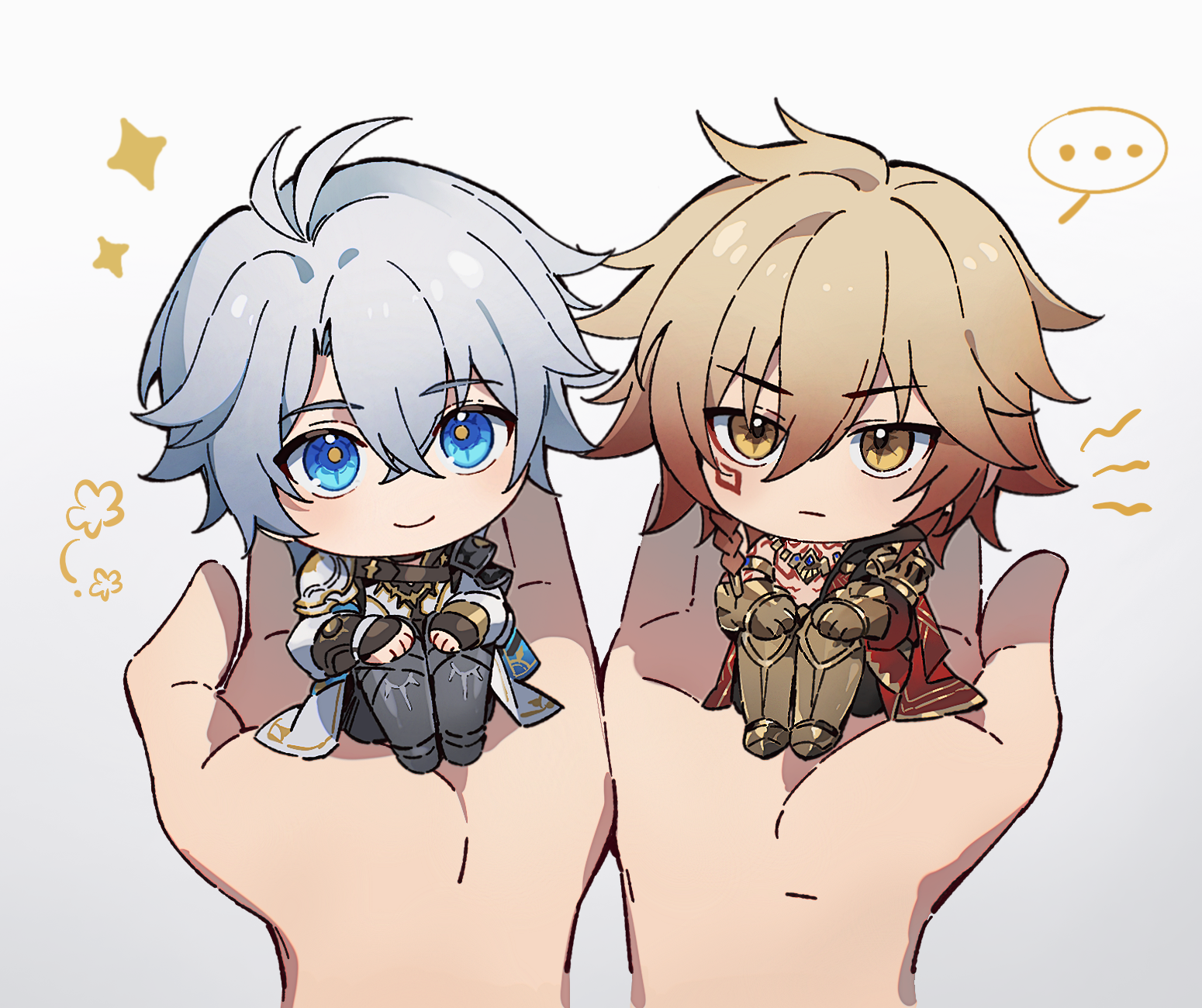 ... 2boys armor armored_boots armored_gloves belt_collar bilingual_commentary blonde_hair blue_eyes blue_hair boots chest_tattoo chibi chinese_commentary coat collar collared_coat commentary commentary_request english_commentary facial_tattoo gold_necklace gradient_hair highres holding_chibi honkai:_star_rail honkai_(series) jewelry male_focus mixed-language_commentary multicolored_hair multiple_boys mydei_(honkai:_star_rail) necklace open_clothes open_coat orange_eyes osamu18568716 pauldrons phainon_(honkai:_star_rail) red_hair red_tattoo shirt shoulder_armor simple_background single_pauldron sitting smile sparkle spoken_ellipsis tattoo white_background white_coat