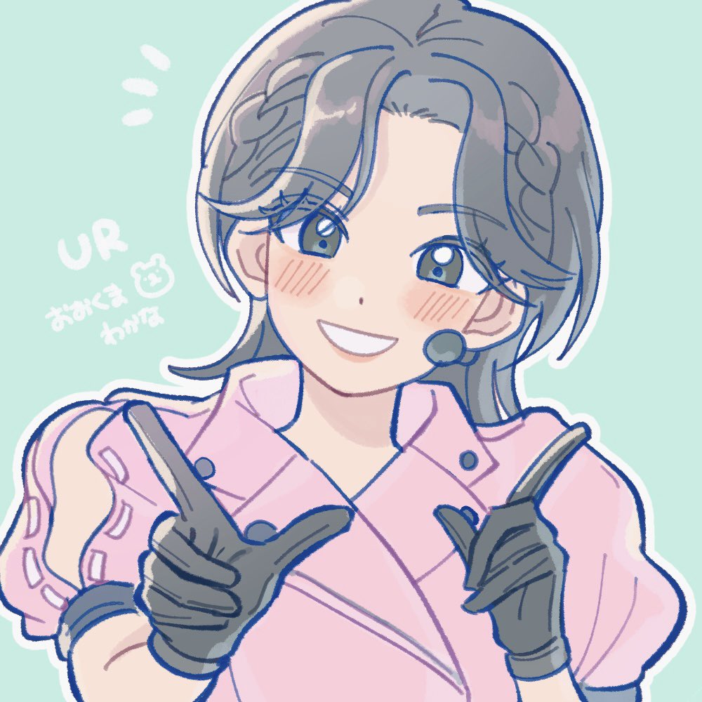 1girl black_gloves blush braid brown_hair commentary_request dot_nose gloves green_background hands_up headset lapels looking_at_viewer love_live! love_live!_superstar!! notched_lapels notice_lines ookuma_wakana real_life short_sleeves simple_background smile solo techimi upper_body voice_actor_connection