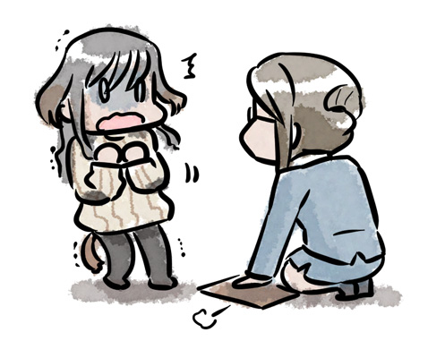 2girls ^^^ aged_down animal_ears brown_hair dog_ears dog_tail elizabeth_f._beurling envelope formal_clothes glasses hair_up hakkinen holding kneeling lowres military military_uniform mukiki multiple_girls open_mouth pantyhose paper papers ribbed_sweater scared short_hair simple_background skirt strike_witches strike_witches:_suomus_misfits_squadron suit sweater tail trembling walking_backwards white_background wide-eyed world_witches_series