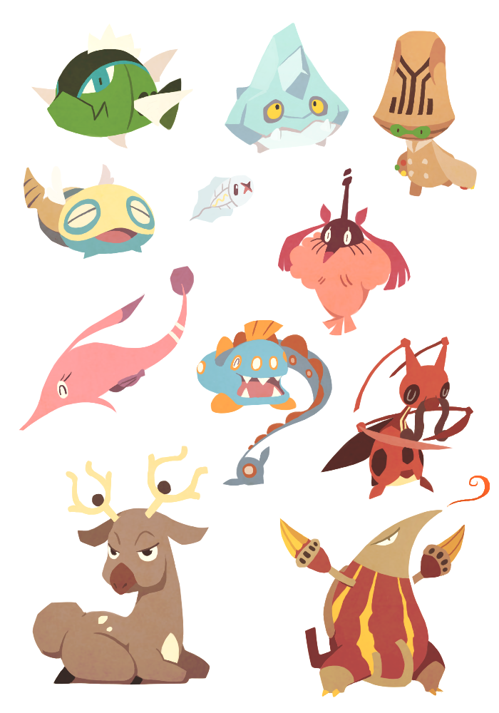^_^ basculin basculin_(blue) beheeyem bergmite black_eyes blue_eyes claws closed_eyes creature dunsparce fish gen_2_pokemon gen_3_pokemon gen_4_pokemon gen_5_pokemon gen_6_pokemon gorebyss green_eyes heatmor huntail kricketune looking_at_viewer lying nintendo no_humans pokemon pokemon_(creature) sharp_teeth simple_background stantler teeth tia_(iris-sempi) tynamo white_background wormadam wormadam_(trash) yellow_eyes