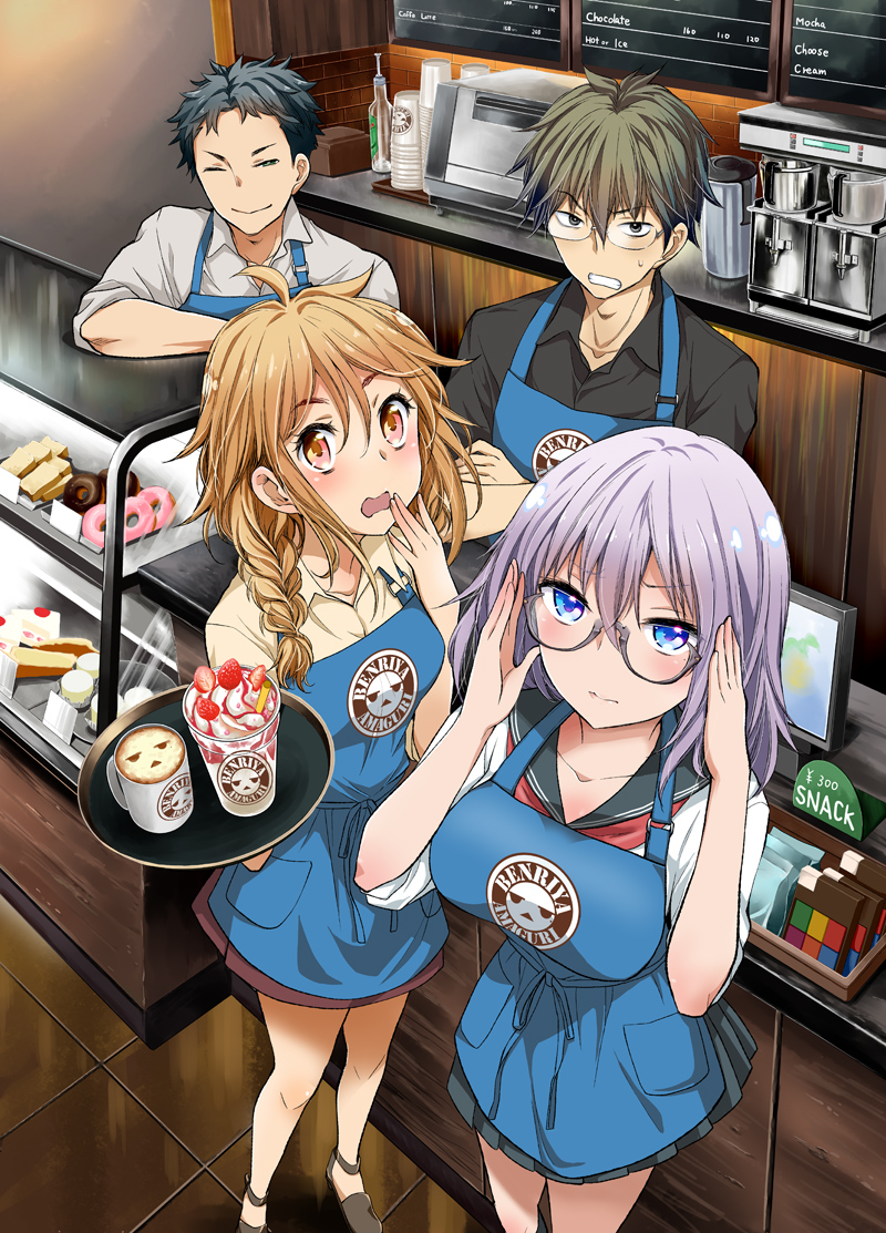 2boys 2girls ;) adjusting_eyewear amaguri_senko apron black_hair blonde_hair blue_apron blue_eyes braid cafe cake clenched_teeth coffee_maker coffee_mug collared_shirt counter cup display donut employee_uniform food from_above glasses green_hair hair_over_shoulder hand_to_own_mouth henjo_~hen_na_joshi_kousei_amaguri_senko~ holding holding_tray indoors latte_art long_hair looking_at_viewer mug multiple_boys multiple_girls no_socks one_eye_closed open_mouth orange_eyes parfait pitcher_(container) pleated_skirt purple_hair school_uniform semi-rimless_eyewear serafuku seto_ruka shirt single_braid skirt smile standing sugita_kouhei sweatdrop takamura_ryou_(henjo) teeth tile_floor tiles tray ubizo under-rim_eyewear wavy_mouth