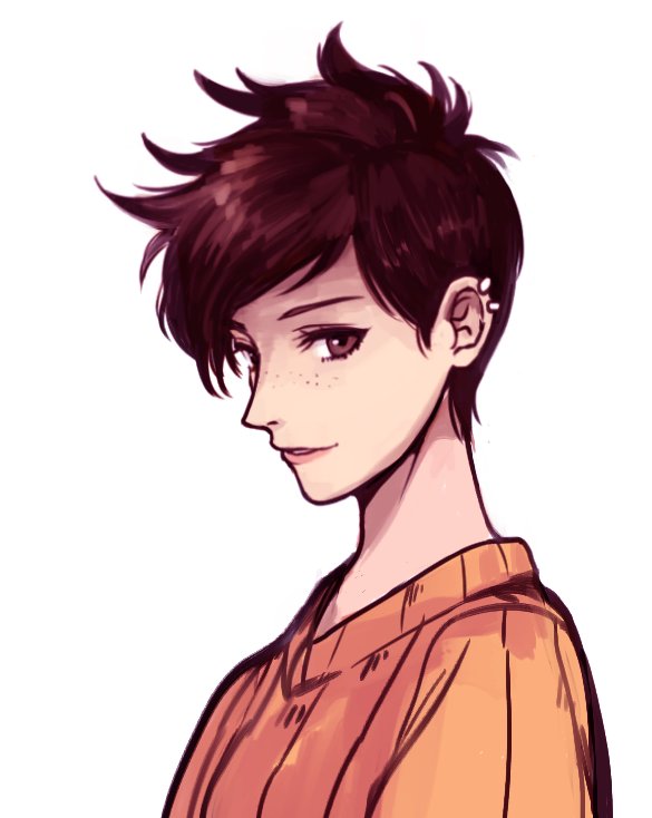 1girl bad_id bad_twitter_id bosong_beoseot brown_eyes brown_hair ear_piercing eyelashes female_focus freckles looking_at_viewer matching_hair/eyes overwatch overwatch_1 parted_lips piercing short_hair simple_background smile solo spiked_hair sweater swept_bangs tracer_(overwatch) upper_body white_background