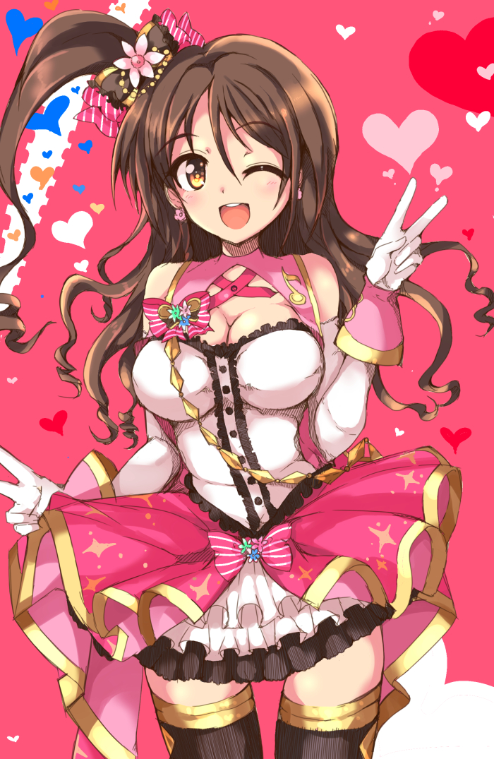 10s 1girl bad_id bad_pixiv_id breasts brown_eyes brown_hair cleavage double_v echizen_(hvcv) elbow_gloves female_focus gloves idolmaster idolmaster_cinderella_girls idolmaster_cinderella_girls_starlight_stage large_breasts one_eye_closed one_side_up shimamura_uzuki solo thighhighs v