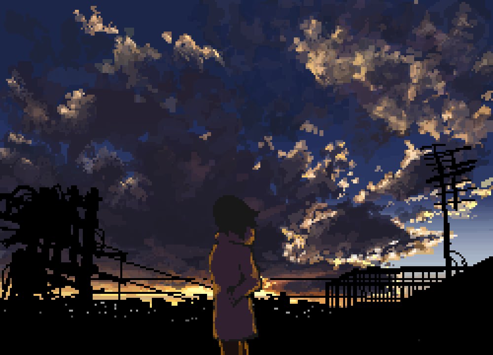 1girl arms_behind_back brown_hair city_lights cityscape cloud cloudy_sky feet_out_of_frame food from_behind glowing hisachan55cute hood hood_down jacket medium_hair original pink_jacket pixel_art power_lines silhouette simple_background sky solo sunset utility_pole