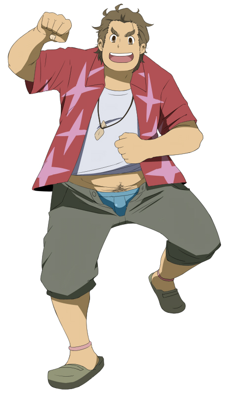 1boy anklet ano_hi_mita_hana_no_namae_wo_bokutachi_wa_mada_shiranai. arm_up belly blue_male_underwear brown_footwear brown_shorts bulge clenched_hand facing_viewer hisakawa_tetsudou jewelry looking_at_viewer male_focus male_underwear necklace open_fly open_mouth pubic_hair pubic_hair_peek ranchi_(launcher_r) red_shirt shirt shorts smile swept_bangs underwear white_background white_shirt