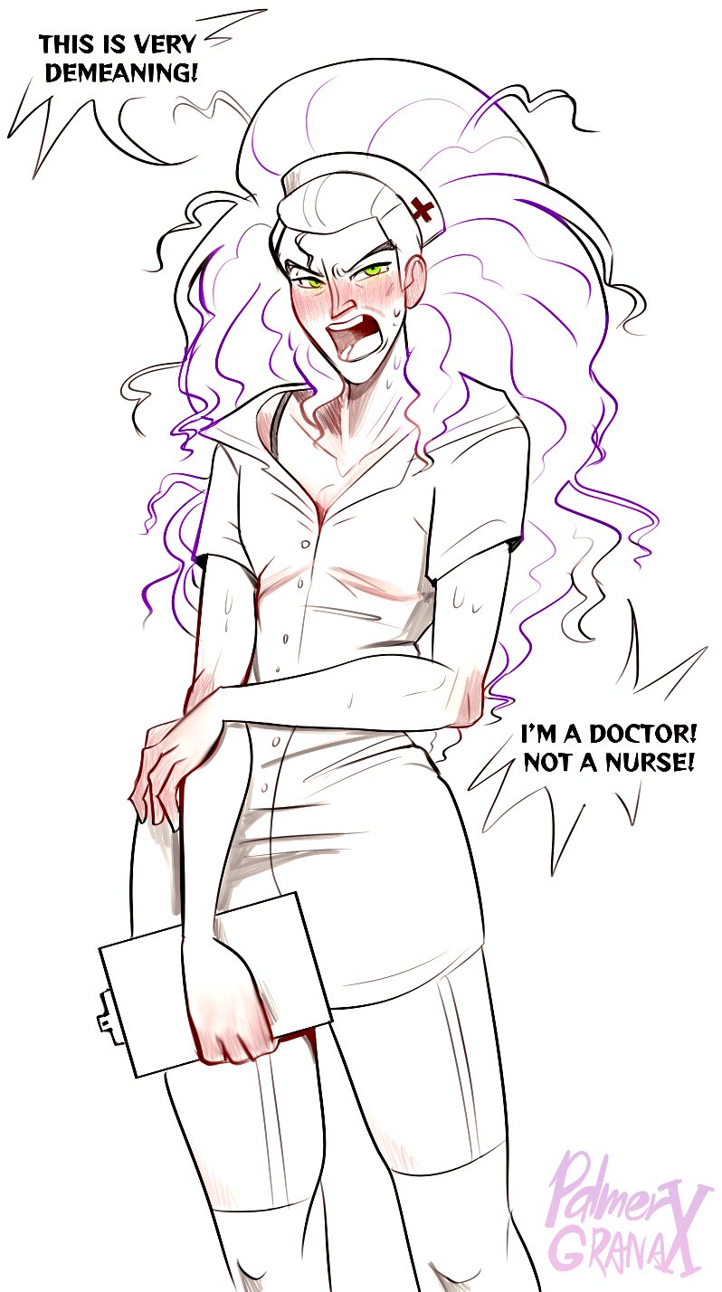 1girl angry bra_strap clipboard doctor embarrassed flat_chest garter_straps green_eyes hat highres marvel nurse nurse_cap olivia_octavius palmergranax shouting speech_bubble spider-man:_into_the_spider-verse spider-man_(series) spider-verse sweat