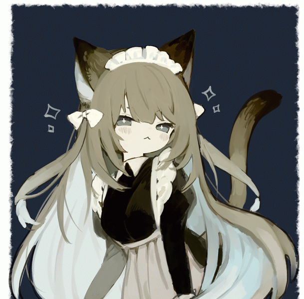 1girl :&lt; animal_ears animated animated_gif apron black_dress blonde_hair blue_background blue_eyes border bow breasts cat_ears cat_girl cat_tail dress fang hair_bow long_hair maid maid_headdress original outside_border sakutake_(ue3sayu) skin_fang solo sparkle star-shaped_pupils star_(symbol) symbol-shaped_pupils tail very_long_hair waist_apron white_apron white_border white_bow yawning