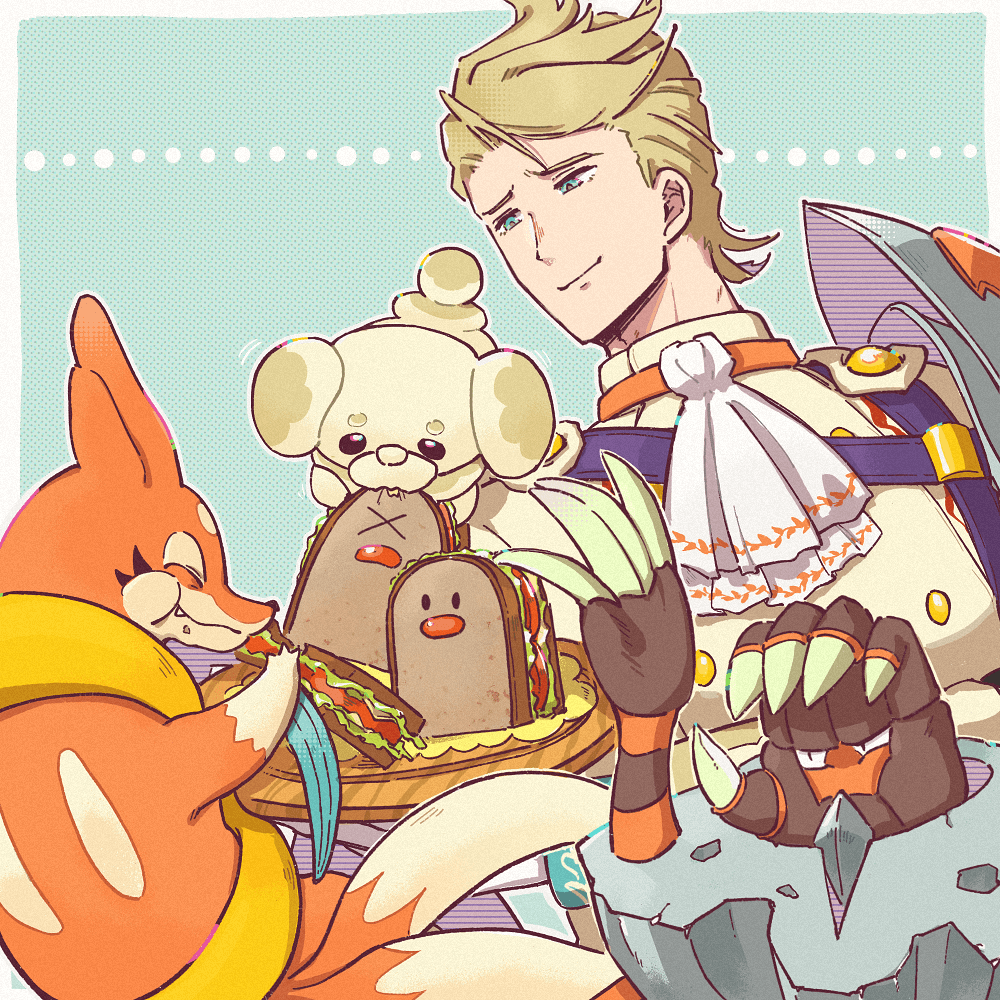1boy 3others ascot blonde_hair blue_eyes bunet_(fire_emblem) character-themed_food closed_mouth dugtrio eifilet fire_emblem fire_emblem_engage food gen_1_pokemon looking_at_another multiple_others nintendo pokemon pokemon_(creature) sandwich white_ascot