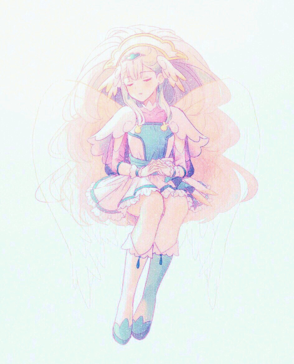 1girl beads blonde_hair blue_background blue_dress blue_wrist_cuffs blunt_bangs boots character_request check_character closed_eyes cure_ange dress frilled_dress frilled_wrist_cuffs frills full_body hair_beads hair_ornament hairband heart heart_hair_ornament hugtto!_precure interlocked_fingers invisible_chair long_hair magical_girl nachuchoco own_hands_together parted_lips precure short_sleeves sidelocks simple_background sitting solo two-tone_dress very_long_hair white_boots white_dress white_hairband wing_hair_ornament wrist_cuffs yakushiji_saaya