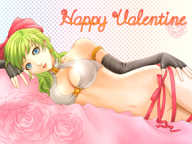 1girl 2000s_(style) bikini bikini_top_only black_gloves blue_eyes bottomless bow breasts closed_mouth commentary_request convenient_censoring cowboy_shot elbow_gloves feliciel fingerless_gloves flower gloves green_hair hair_bow happy_valentine large_breasts looking_at_viewer lying naked_ribbon navel on_side pink_bow polka_dot polka_dot_background ragnarok_online ribbon rose smile solo swimsuit white_bikini whitesmith_(ragnarok_online)