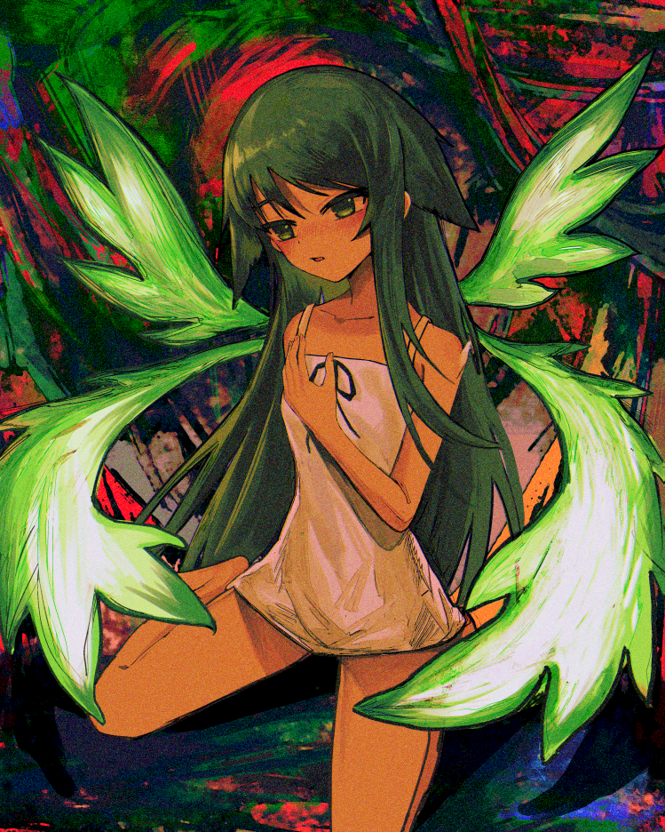 1girl abstract_background anli_(jwcpp4sum0mgk5r) bare_shoulders blush collarbone dress film_grain flat_chest green_eyes green_hair hair_flaps long_hair ribbon saya_(saya_no_uta) saya_no_uta sitting sleeveless sleeveless_dress solo sundress triangle_mouth very_long_hair wariza white_dress wings