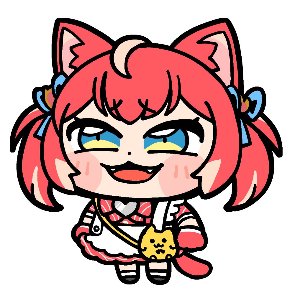 1girl :3 :d ahoge akami_karubi animal_bag animal_ears animal_hands apron bkub black_shoes blue_eyes blue_ribbon blush bow bowtie cat_bag cat_ears cat_girl cat_tail chibi chibi_only crazy_raccoon dot_nose dress fangs full_body furrowed_brow gloves hair_ribbon heart legs_apart multicolored_eyes multicolored_hair open_mouth paw_gloves red_bow red_bowtie red_dress red_gloves red_hair red_tail ribbon shoes short_hair short_sleeves simple_background smile socks solo standing streaked_hair tail twintails two-tone_eyes two-tone_hair virtual_youtuber white_apron white_background white_hair white_socks white_streaks yellow_bag yellow_eyes