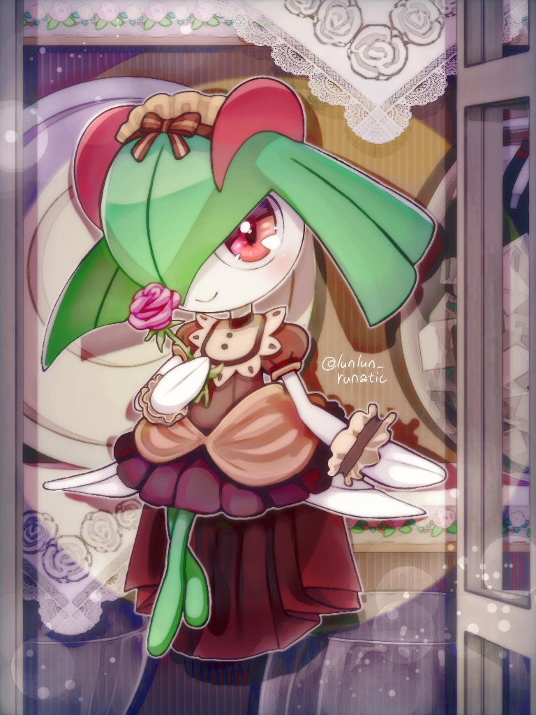 artist_name bow brown_dress brown_hairband colored_skin dress flower frilled_wristband gen_3_pokemon green_hair green_skin hair_over_one_eye hairband horns kirlia kirlia_(grand_gown) multicolored_skin nintendo pink_eyes pink_flower pink_rose pokemon pokemon_(creature) pokemon_cafe_remix puffy_short_sleeves puffy_sleeves rose runachikku short_sleeves sidelocks smile two-tone_skin white_skin