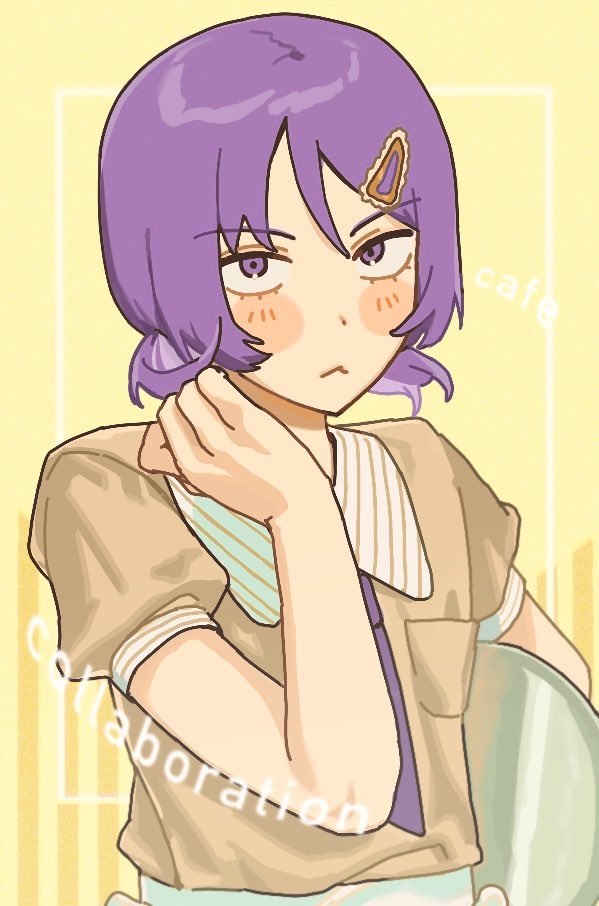 1girl :&lt; blush breast_pocket commentary_request contrast_collar employee_uniform fujii_ayame futsuu_no_keion-bu hair_ornament hairclip hand_on_own_neck holding holding_tray inset_border looking_at_viewer mano_(atsushiiii2277) necktie official_alternate_costume orange_shirt pocket puffy_short_sleeves puffy_sleeves purple_eyes purple_hair purple_necktie sanpaku shirt short_hair short_sleeves short_twintails solo striped_collar striped_sleeve_cuffs tray twintails upper_body waitress yellow_background