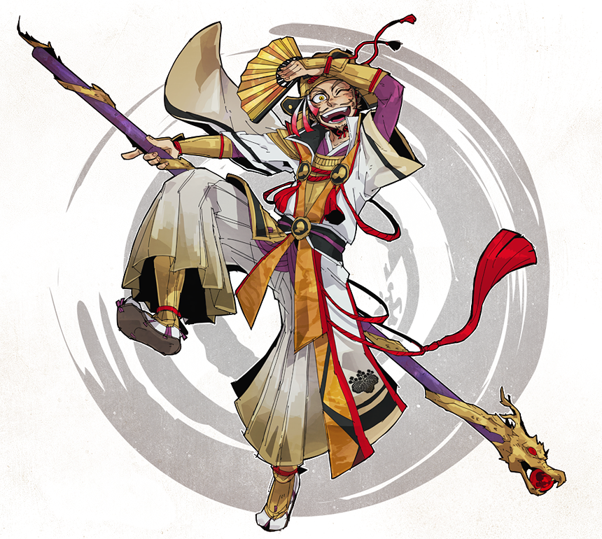 1boy beard blush brown_hair facial_hair hand_fan helmet japanese_clothes kanzyuku male_focus mustache one_eye_closed open_mouth sengoku_musou solo staff toyotomi_hideyoshi toyotomi_hideyoshi_(sengoku_musou)