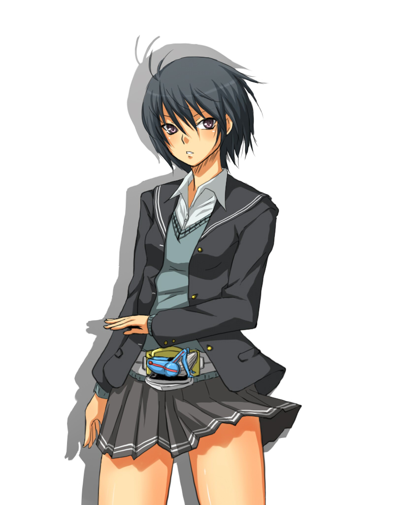 1girl amagami belt black_hair female_focus kamen_rider kamen_rider_kabuto_(series) kamen_rider_kick_hopper nanasaki_ai parody pleated_skirt school school_uniform short_hair skirt solo toki_(tokihakashi)