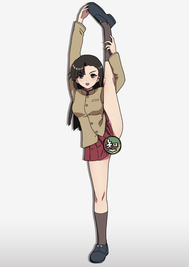 1girl arm_up asymmetrical_bangs black_eyes black_hair black_shoes black_socks brown_jacket censored chi-hatan_(emblem) chi-hatan_school_uniform commentary emblem girls_und_panzer grey_background high_collar jacket kiya_hajime leg_hold leg_up long_hair long_sleeves looking_at_viewer miniskirt nishi_kinuyo open_mouth pleated_skirt red_skirt school_uniform shadow shoes simple_background skirt smile socks solo split standing standing_on_one_leg standing_split straight_hair