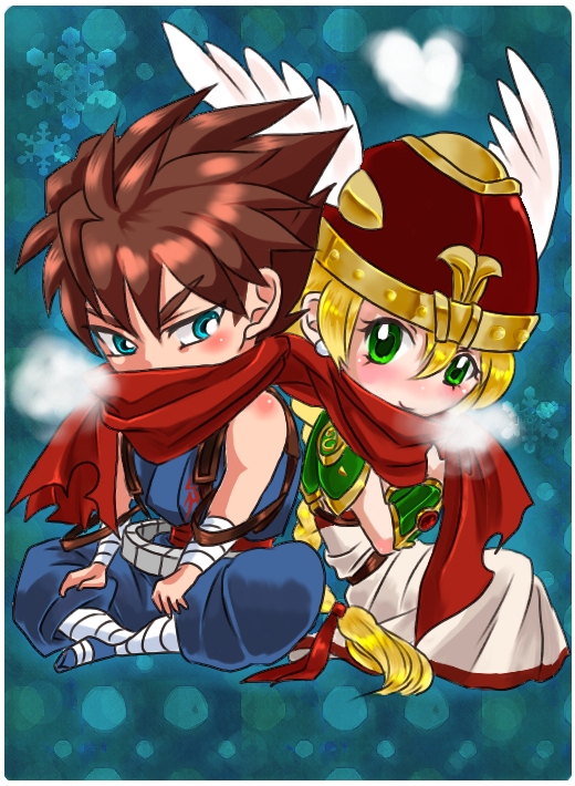 1boy 1girl blonde_hair blue_eyes blush braid breath brown_hair chibi chibi_only crossover dress green_eyes heart helmet japanese_clothes ninja project_x_zone_2 rainy_hanyu_bridge red_scarf scarf shared_clothes shared_scarf short_hair single_braid sitting strider_(video_game) strider_hiryuu valkyrie valkyrie_(vnd) valkyrie_no_densetsu white_dress winged_helmet