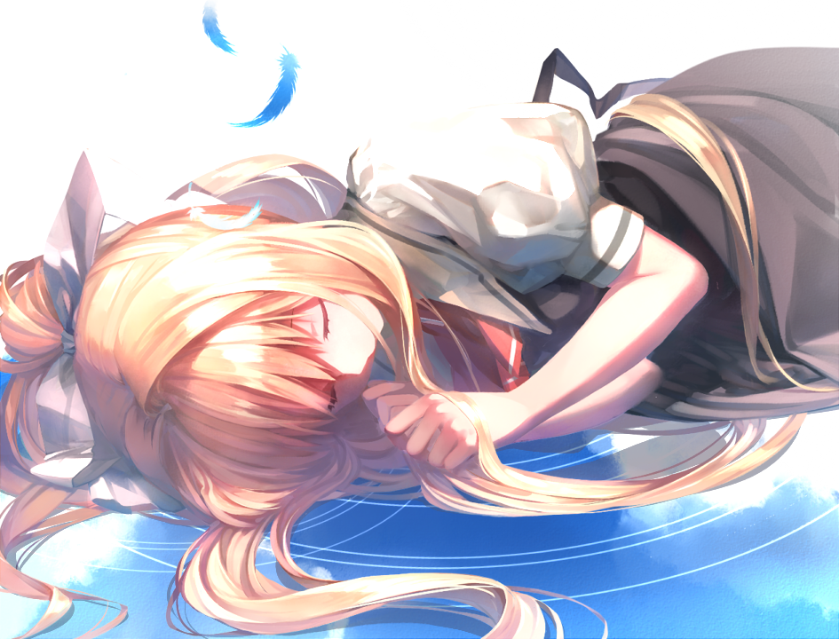 00s 1girl air_(visual_novel) blonde_hair closed_eyes dekatanaba feathers female_focus hair_ribbon kamio_misuzu key_(company) long_hair ponytail ribbon school_uniform simple_background sleeping solo