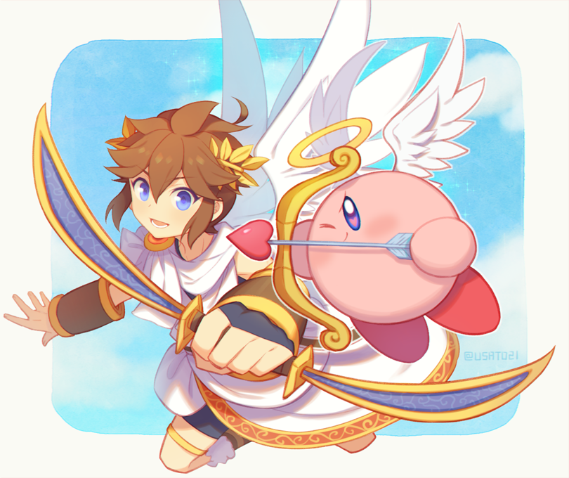 2boys ancient_greek_clothes angel angel_wings blue_eyes brown_hair chiton fingerless_gloves gloves greco-roman_clothes holding holding_sword holding_weapon kid_icarus kid_icarus_uprising kirby kirby_(series) laurel_crown male_focus multiple_boys nintendo pit_(kid_icarus) sword weapon wings wusagi2