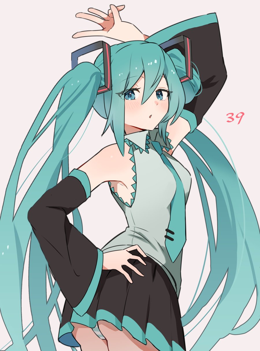1girl 39 :o arm_above_head black_skirt black_sleeves blue_eyes blue_hair blue_necktie blush collared_shirt cowboy_shot detached_sleeves enipa_28 frilled_shirt frills from_behind grey_shirt hair_between_eyes hand_on_own_hip hatsune_miku highres long_hair long_sleeves looking_at_viewer looking_back miniskirt necktie open_mouth panties pantyshot pleated_skirt shirt sidelocks simple_background skirt sleeveless sleeveless_shirt solo tie_clip twintails underwear very_long_hair vocaloid w white_background