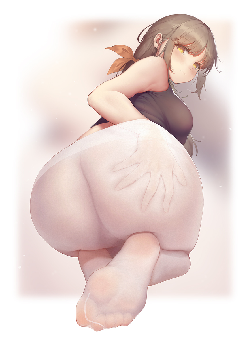 1girl ass bigxixi black_shirt breasts brown_hair chinese_commentary closed_mouth commentary_request feet foot_focus foreshortening full_body hair_ribbon hand_in_pantyhose highres kneehighs leaning_forward long_hair looking_at_viewer looking_back medium_breasts no_shoes orange_ribbon original pantyhose ribbon see-through_clothes shirt sleeveless sleeveless_shirt socks soles solo white_pantyhose yellow_eyes