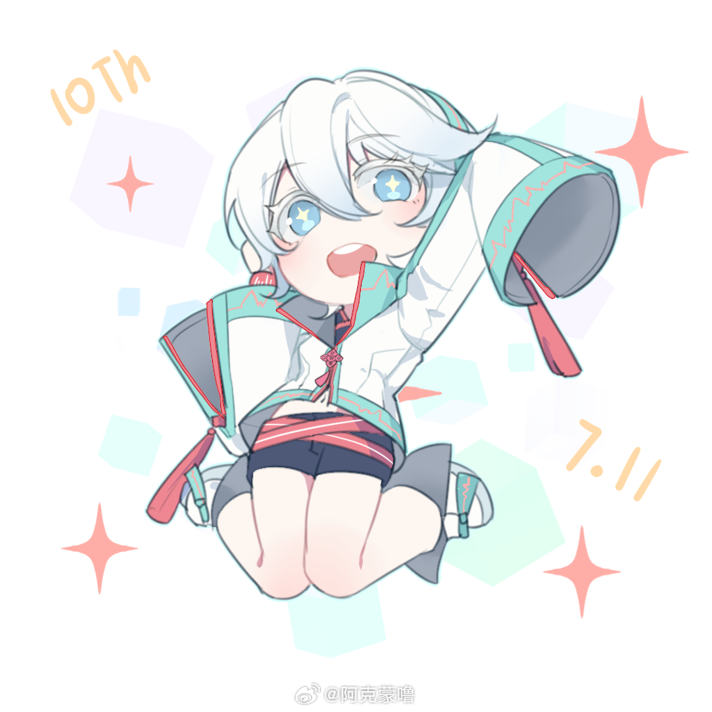 1girl a_ke_meng_lu belt black_shorts blue_eyes boots cardiogram cardiogram_print chibi chinese_knot chinese_text happy jacket jumping long_sleeves open_mouth red_belt short_hair shorts teeth vocaloid vsinger_(vocaloid) watermark weibo_watermark white_hair wide_sleeves yanhe yanhe_v3