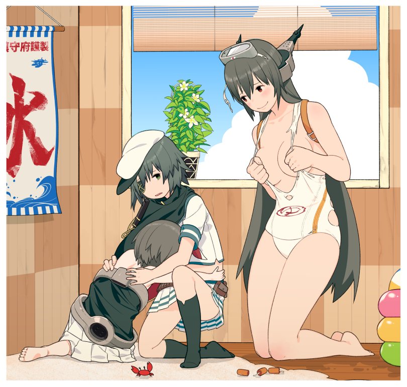 3girls bad_id bad_twitter_id bare_shoulders barefoot belt_pouch black_hair black_socks window_blinds breasts cape clothes_lift commentary_request convenient_leg cosplay costume_switch covering_privates covering_breasts covering_nipples crab day diving_mask diving_mask_on_head embarrassed eyepatch flat_cap goggles goggles_on_head green_eyes green_hair hat headgear height_difference hug indoors kantai_collection kiso_(kancolle) kneehighs kneeling kodama_(wa-ka-me) kooribata long_hair maru-yu_(kancolle) maru-yu_(kancolle)_(cosplay) medium_breasts multiple_girls nagato_(kancolle) nagato_(kancolle)_(cosplay) no_shoes one-piece_swimsuit on_one_knee oversized_clothes parted_lips plant pleated_skirt potted_plant pouch red_eyes school_swimsuit school_uniform serafuku short_hair skirt skirt_lift smile socks swimsuit sword torn_clothes torn_swimsuit undersized_clothes very_long_hair weapon white_one-piece_swimsuit white_school_swimsuit window wooden_floor