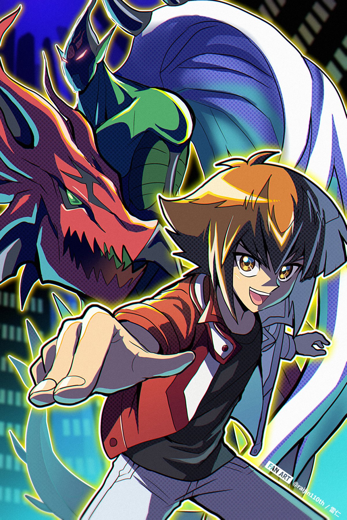 1boy black_shirt brown_eyes building cowboy_shot duel_academy_uniform_(yu-gi-oh!_gx) duel_monster elemental_hero_flame_wingman gotcha hair_between_eyes highres jacket long_sleeves looking_at_viewer male_focus multicolored_hair pants pointing pointing_at_viewer raijin-bh red_jacket shirt short_hair skyscraper two-tone_hair yu-gi-oh! yu-gi-oh!_gx yuki_judai