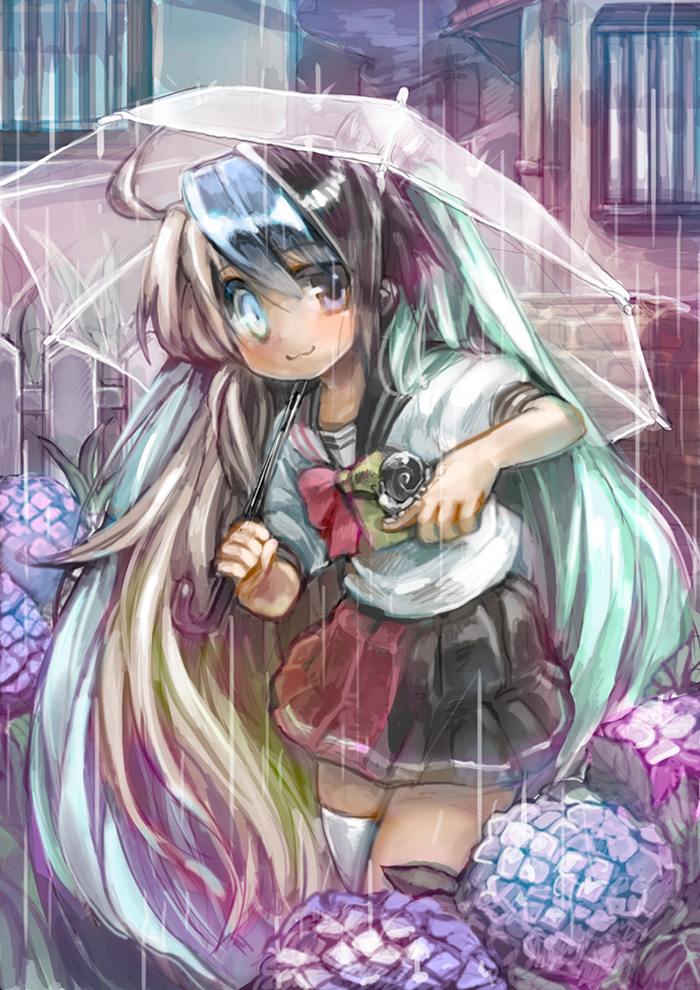 1girl :3 ahoge animal animal_on_hand aqua_hair bad_id bad_pixiv_id black_sailor_collar black_skirt blue_eyes blue_hair bow bowtie brown_hair building closed_mouth cowboy_shot flower futaba_channel heterochromia holding holding_umbrella hydrangea inoue_mop long_hair looking_at_viewer miniskirt moetron multicolored_hair outdoors pink_bow pink_bowtie pink_skirt pleated_skirt purple_eyes purple_flower rain sailor_collar school_uniform serafuku shirt short_sleeves single_thighhigh skirt snail solo split-color_clothes standing thighhighs transparent transparent_umbrella twintails umbrella very_long_hair white_sailor_collar white_shirt white_thighhighs yellow_bow yellow_bowtie