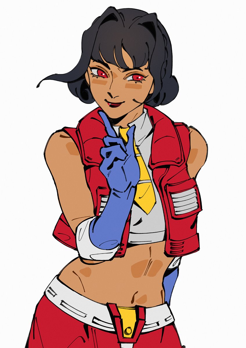 arm_behind_back bare_shoulders black_hair blue_gloves cowboy_shot crop_top cropped_vest dark-skinned_female dark_skin decepticon elbow_gloves gloves half-closed_eyes hand_to_own_mouth hand_up highres kotobukiya_bishoujo lipstick looking_to_the_side makeup midriff navel necktie officeanomaly red_eyes red_lips red_skirt red_vest shirt short_hair short_necktie simple_background skirt sleeveless sleeveless_shirt starscream starscream_(kotobukiya_bishoujo) stomach transformers transformers:_generation_1 vest white_background white_shirt yellow_necktie