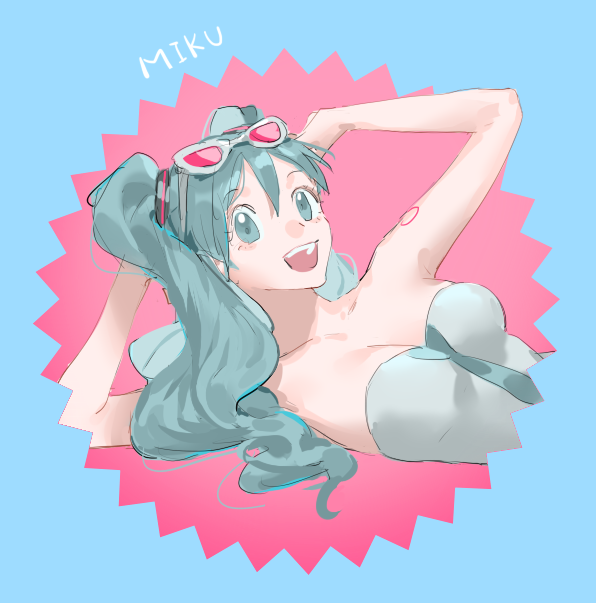 1girl :d aqua_dress aqua_eyes aqua_hair arm_up barbie_(franchise) barbie_(live_action) barbie_movie_poster_(meme) breasts character_name cleavage dress eyewear_on_head hatsune_miku large_breasts long_hair meme open_mouth pink-tinted_eyewear raine_(acke2445) smile solo sunglasses tinted_eyewear twintails vocaloid