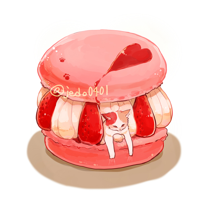 cat food food_focus fruit hakuchizu macaron no_humans original simple_background strawberry strawberry_syrup undersized_animal white_background