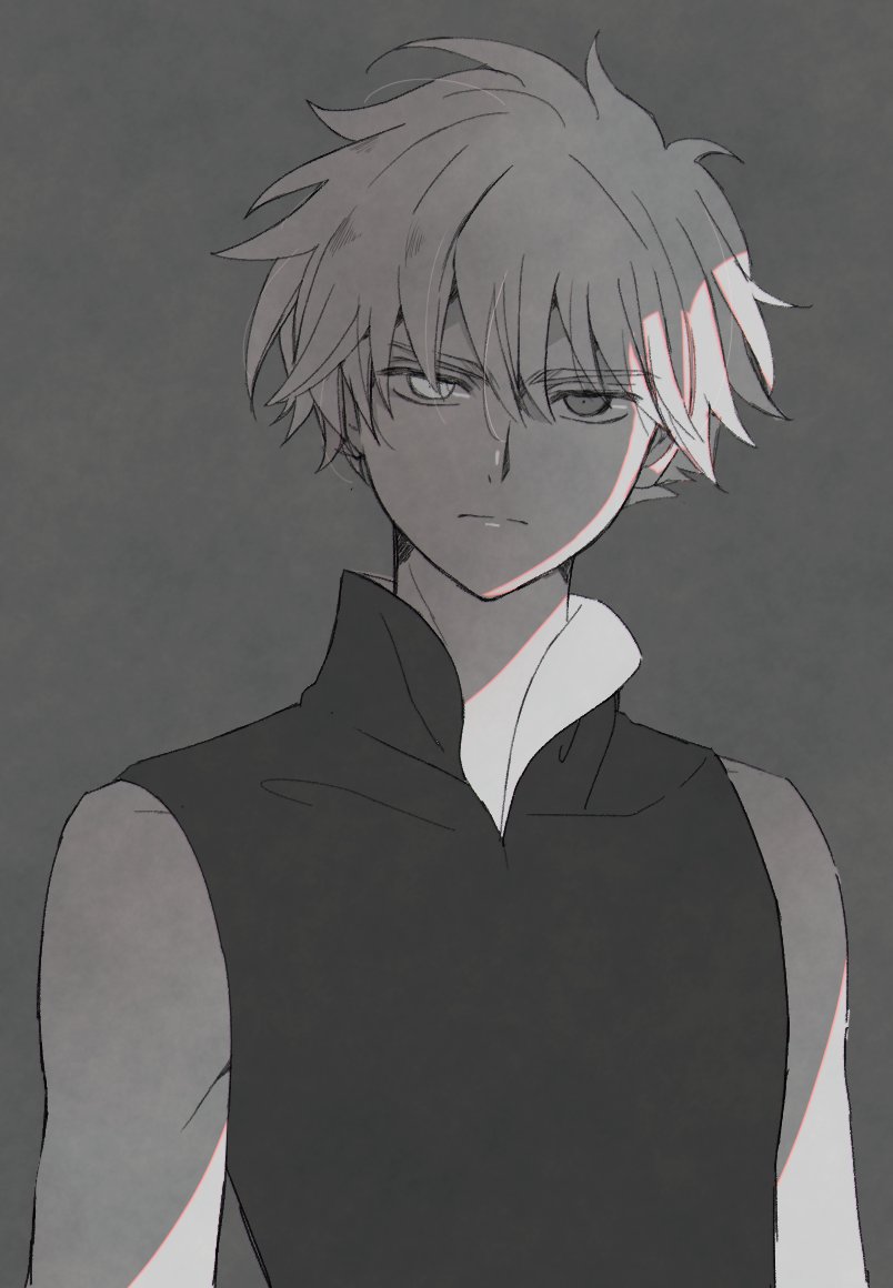 1boy bad_id bad_twitter_id bare_shoulders expressionless greyscale heterochromia looking_at_viewer male_focus messy_hair monochrome rii2a77ru shirt simple_background sleeveless sleeveless_shirt solo tsubasa_chronicle upper_body xiaolang