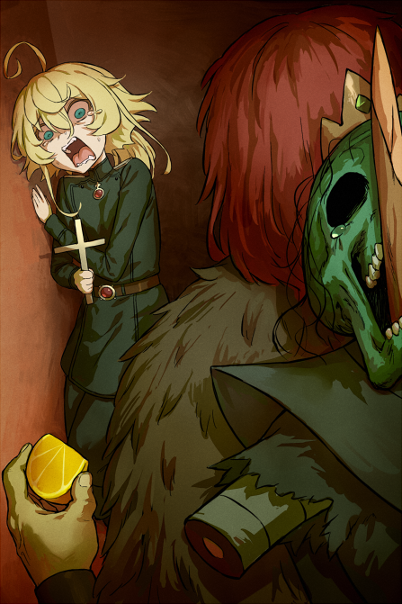 1boy 1girl 1other ahoge amputee barbarian_(dungeon_soup) belt blonde_hair blue_eyes brown_hair cape circlet colored_skin cross dungeon_soup food fruit fur_cape gold_circlet green_skin hair_between_eyes haraya_manawari holding holding_cross holding_lemon horrified impaled lemon lemon_slice lich_(dungeon_soup) military_uniform missing_eye open_mouth tanya_degurechaff tears youjo_senki