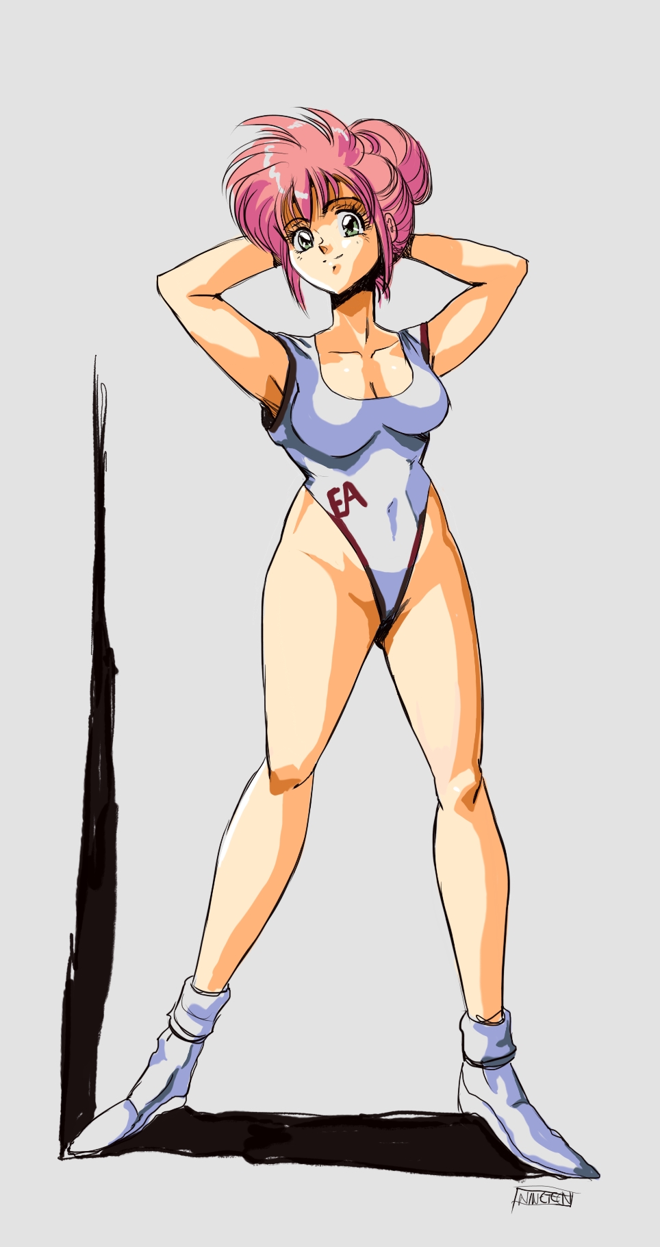 1980s_(style) 1girl arms_behind_head breasts cleavage commentary english_commentary green_eyes grey_background hair_bun highres hinomars19 leotard looking_at_viewer medium_breasts oldschool original pink_hair retro_artstyle single_hair_bun smile solo standing white_leotard