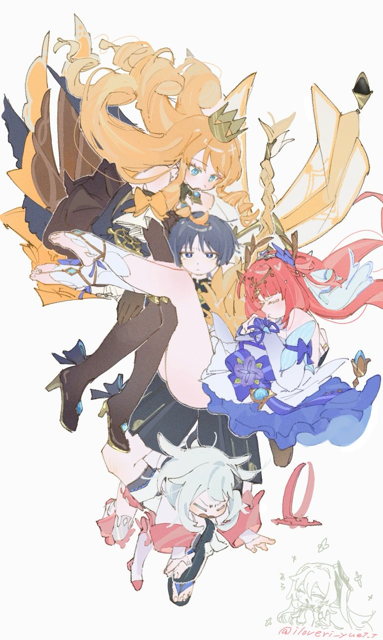 2boys 4girls =_= aether_(genshin_impact) ass bare_shoulders bell black_dress black_eyes black_gloves black_hair black_socks black_thighhighs blonde_hair blue_brooch blue_eyes blue_skirt blue_trim blunt_bangs blunt_ends blush braid brooch carrying carrying_multiple_people carrying_person circlet closed_eyes crown detached_sleeves disheveled double-parted_bangs dress drill_hair drill_sidelocks elbow_gloves expressionless eyeliner eyeshadow flower genshin_impact gloves gold_circlet gold_crown hair_intakes hakama hakama_shorts halo hands_on_own_chest headdress heart high_heels highres iloveri_yuet_t japanese_clothes jewelry knees laurel_crown leg_warmers legs legs_together legs_up long_hair looking_at_another looking_at_viewer looking_down looking_up low_twin_braids makeup mandarin_collar mechanical_halo multiple_boys multiple_girls nahida_(genshin_impact) navia_(genshin_impact) nilou_(breeze_of_sabaa)_(genshin_impact) nilou_(genshin_impact) open_mouth outstretched_arms own_hands_together paimon_(genshin_impact) parted_bangs pink_halo pointy_ears princess_carry purple_flower purple_rope purple_trim red_eyeliner red_eyeshadow romper rope scaramouche_(genshin_impact) scarf short_hair short_hair_with_long_locks shorts side_ponytail sidelocks sketch skirt socks stirrup_footwear stirrup_legwear thighhighs toeless_footwear toeless_legwear toes tri_drills triangle_mouth twin_braids twintails twitter_username veil vision_(genshin_impact) wanderer_(genshin_impact) white_background white_dress white_hair white_headdress white_leg_warmers white_romper white_sleeves white_thighhighs white_veil yellow_scarf yellow_skirt