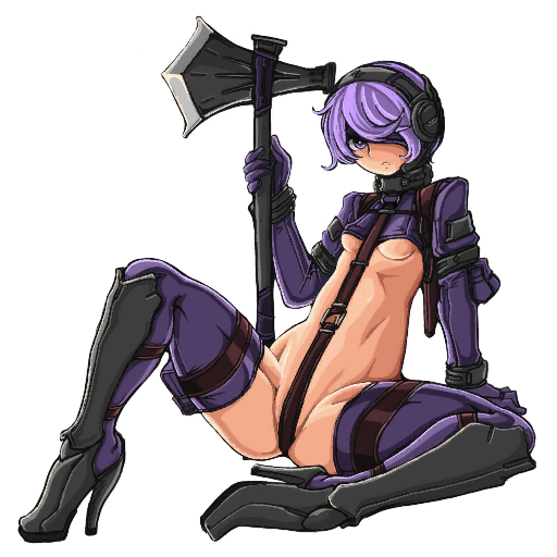 1girl ammunition_pouch armor axe beyond_citadel breasts crotch_strap doekuramori game_cg gloves holding holding_axe long_sleeves looking_at_viewer martyr_(the_citadel) medium_breasts navel non-web_source official_art pouch purple_eyes purple_gloves purple_hair purple_thighhighs revealing_clothes short_hair sitting solo the_citadel thighhighs transparent_background weapon