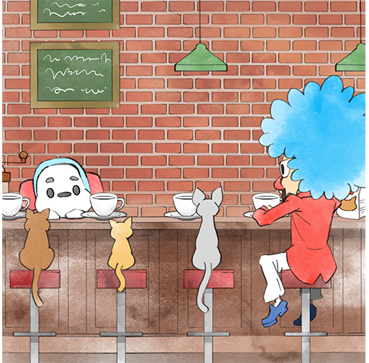 1boy bar_stool big_nose blue_footwear blue_hair brick_wall cat chalkboard counter cup facial_hair jacket jimmy_t mustache nintendo official_art pants red_jacket red_nose sitting stool sunglasses takeuchi_kou third-party_source warioware warioware:_get_it_together! white_pants