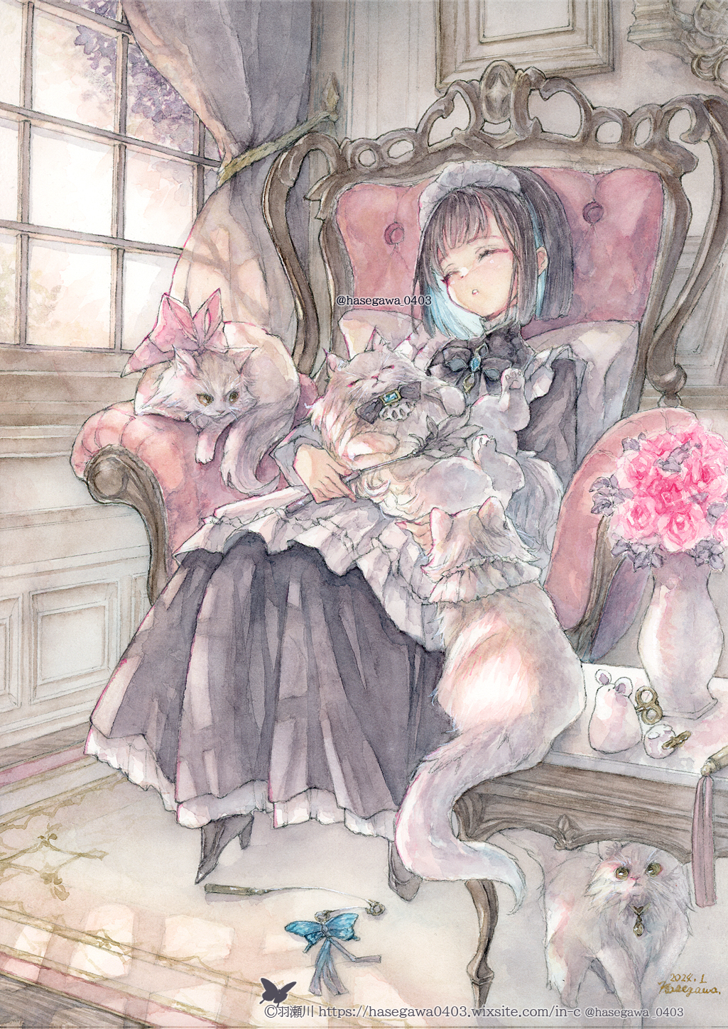 1girl animal animal_on_lap apron black_hair cat cat_teaser chair closed_eyes curtains dress flower full_body hane_segawa high_heels highres indoors long_sleeves maid maid_headdress on_lap original painting_(medium) parted_lips rose short_hair sitting sleeping solo stuffed_animal stuffed_mouse stuffed_toy table traditional_media vase watercolor_(medium) winding_key