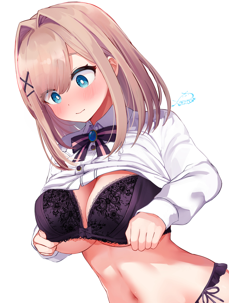 1girl adjusting_bra adjusting_clothes blue_eyes blue_gemstone blush bow bow_bra bowtie bra breasts brown_hair closed_mouth clothes_lift collared_shirt festa11307070 frilled_panties frilled_shirt frills gem hair_intakes large_breasts lifting_own_clothes long_sleeves medium_hair navel nijisanji panties pink_bow pink_bowtie purple_bow purple_bowtie purple_bra purple_panties shirt shirt_lift side-tie_panties signature simple_background sleeves_past_wrists solo stomach striped_bow striped_bowtie striped_clothes suzuhara_lulu suzuhara_lulu_(1st_costume) two-tone_bow two-tone_bowtie underwear virtual_youtuber white_background white_shirt