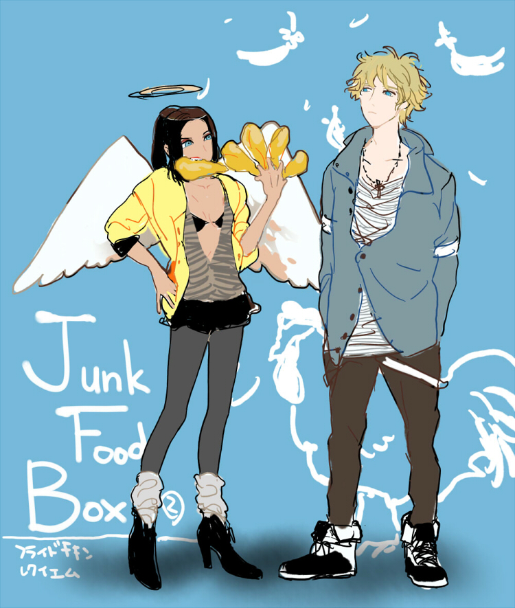 1boy 1girl angel_wings bird black_bra blonde_hair blue_background blue_eyes bra brown_hair brown_pants chicken copyright_request food_in_mouth grey_jacket halo high_heels jacket jewelry mitosa necklace pants ponytail shirt shoes short_hair sketch sneakers traditional_halo translation_request underwear white_shirt white_wings wings yellow_jacket