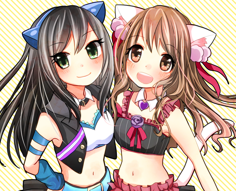 2girls :d akasa_tanu animal_ear_headphones animal_ears belt black_hair blue_belt blush bra brooch brown_hair cat_ear_headphones cat_tail choker clothing_request collared_shirt commentary_request crop_top cropped_jacket detached_sleeves diagonal-striped_background dot_nose fake_animal_ears flower frilled_bra frilled_skirt frills green_eyes headphones heart heart_brooch idolmaster idolmaster_cinderella_girls jewelry long_hair looking_at_viewer midriff multicolored_hair multiple_girls open_mouth orange_eyes original over_the_collar_(idolmaster) pink_flower pink_rose rose shibuya_rin shimamura_uzuki shirt skirt smile streaked_hair striped_background tail teeth underwear upper_body upper_teeth_only