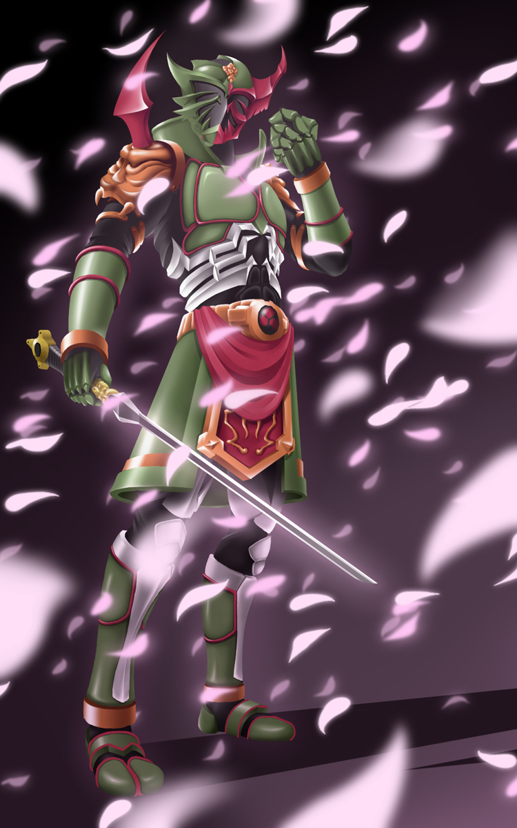 1boy bad_id bad_pixiv_id belt cherry_blossoms enishi highres kamen_rider kamen_rider_hibiki_(series) kamen_rider_kabuki male_focus oni solo sword weapon