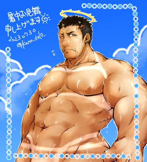 1boy abs bara black_hair completely_nude facial_hair fire flaming_halo groin halo kano_(kano_to10) large_pectorals looking_at_viewer male_focus mature_male muscular muscular_male mustache_stubble navel nipples nude out-of-frame_censoring pectorals short_hair solo strongman_waist stubble tan tanline thick_eyebrows tokyo_houkago_summoners translation_request zabaniyya_(fashionista_swimsuit)_(housamo) zabaniyya_(housamo)
