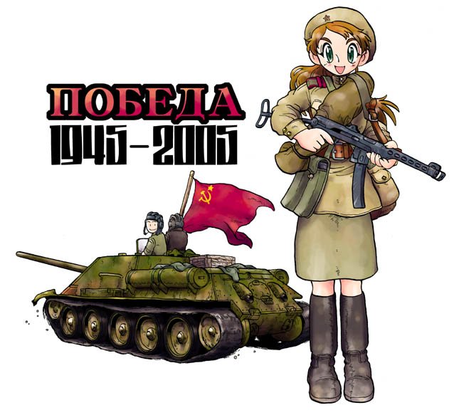 1boy 1girl flag flag_on_vehicle gun hammer_and_sickle hayami_rasenjin helmet military military_vehicle motor_vehicle original pps-43 soviet soviet_flag su-85 submachine_gun tank tank_destroyer tank_helmet weapon