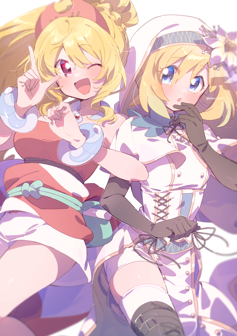 2girls ;d arm_at_side bare_legs bare_shoulders belt_boots black_footwear black_gloves black_ribbon blonde_hair blue_eyes blurry boots bracelet braid breasts buttons capelet clenched_hand collarbone cosplay cowboy_shot cross-laced_clothes cross-laced_dress cross-laced_footwear crossover depth_of_field dot_nose dress elbow_gloves eyelashes feet_out_of_frame fingernails flower french_braid front_slit gem glint gloves gold_trim green_hair habit hair_between_eyes hand_on_own_chin hand_on_own_face hand_up hands_up high_collar high_ponytail highres index_finger_raised irida_(pokemon) irida_(pokemon)_(cosplay) jewelry jumping large_breasts light_blush light_particles locked_arms long_dress looking_at_another looking_to_the_side magia_record:_mahou_shoujo_madoka_magica_gaiden mahou_shoujo_madoka_magica multicolored_hair multiple_girls neck_ribbon neck_ring nintendo nun obi one_eye_closed open_mouth parted_bangs parted_lips pearl_(gemstone) pelvic_curtain pokemon pokemon_legends:_arceus ponytail red_eyes red_gemstone red_sash red_tube_top ribbon sash serizawa_serizane short_hair shorts side-by-side sidelocks simple_background smile soul_gem spider_web_hair_ornament strapless streaked_hair thigh_boots thighhighs togame_momoko togame_momoko_(cosplay) togame_momoko_(sister_ver.) tube_top twitter_username two-tone_hair two-tone_sash underbust veil white_background white_capelet white_dress white_flower white_sash white_shorts white_thighhighs white_veil zettai_ryouiki