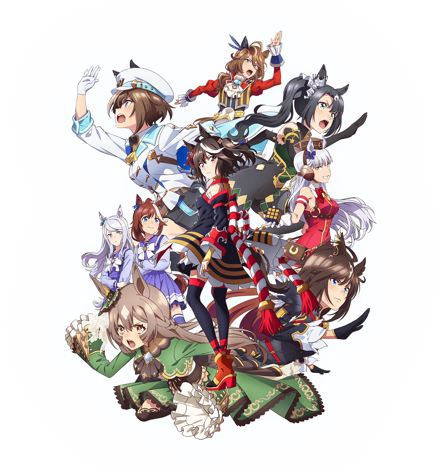 6+girls animal_ears black_thighhighs bow brown_hair cheval_grand_(umamusume) dress duramente_(umamusume) ear_ornament ear_ribbon gold_ship_(umamusume) hat highres horse_ears horse_girl horse_tail key_visual kitasan_black_(umamusume) long_sleeves mejiro_mcqueen_(umamusume) multicolored_hair multiple_girls official_art promotional_art red_dress satono_crown_(umamusume) satono_diamond_(umamusume) school_uniform sleeveless sleeveless_dress sleeves_past_fingers sleeves_past_wrists sounds_of_earth_(umamusume) spoilers streaked_hair studio_kai tail thighhighs tokai_teio_(umamusume) tracen_school_uniform transparent_background umamusume umamusume_(anime)