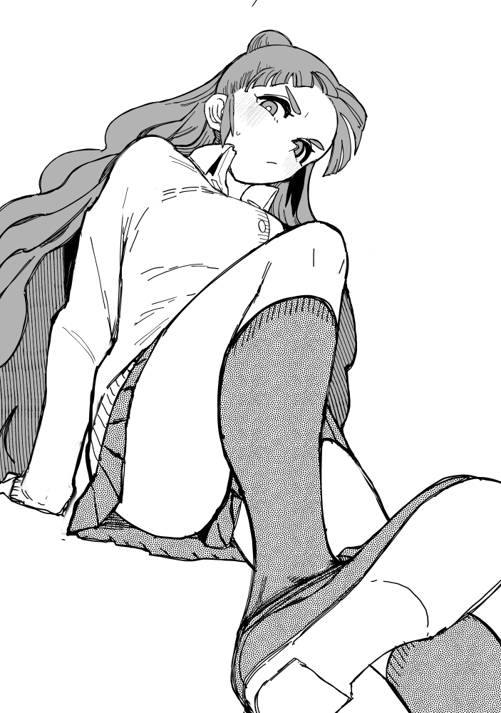 1girl cardigan from_below greyscale hair_bun idolmaster idolmaster_cinderella_girls kamiya_nao loafers long_hair monochrome niku-name school_uniform shoes sketch skirt socks solo thick_eyebrows thighs