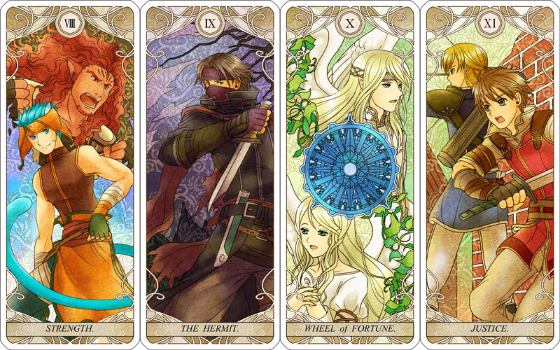1girl 6+boys animal_ears bad_id bad_pixiv_id black_eyes black_gloves blonde_hair blue_eyes blue_hair bow_(weapon) brown_hair brown_pants card_(medium) cat_ears cat_tail edward_(fire_emblem) feathered_wings fingerless_gloves fire_emblem fire_emblem:_radiant_dawn gloves green_eyes grey_pants headband heterochromia holding holding_bow_(weapon) holding_hands holding_sword holding_weapon justice_(tarot) leanne_(fire_emblem) leonardo_(fire_emblem) long_hair looking_at_viewer male_focus multiple_boys nemupon_(goodlucky) nintendo open_mouth pants purple_gloves purple_scarf ranulf_(fire_emblem) red_eyes red_hair reyson_(fire_emblem) scarf short_hair skrimir_(fire_emblem) slit_pupils spiked_hair strength_(tarot) sword tail tarot tarot_(medium) the_hermit_(tarot) very_long_hair volke_(fire_emblem) weapon wheel_of_fortune_(tarot) white_wings wings